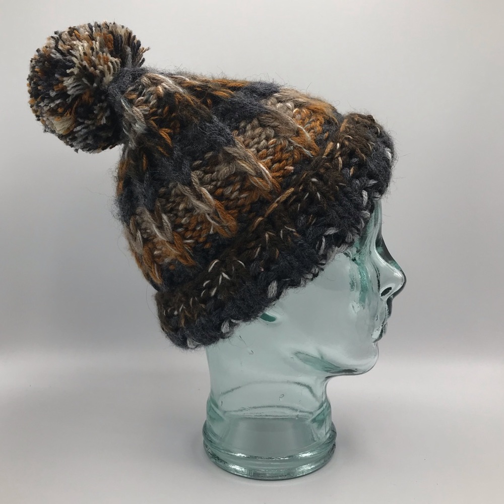 Thick Knit Beanie in Greys/Browns with Pom Pom